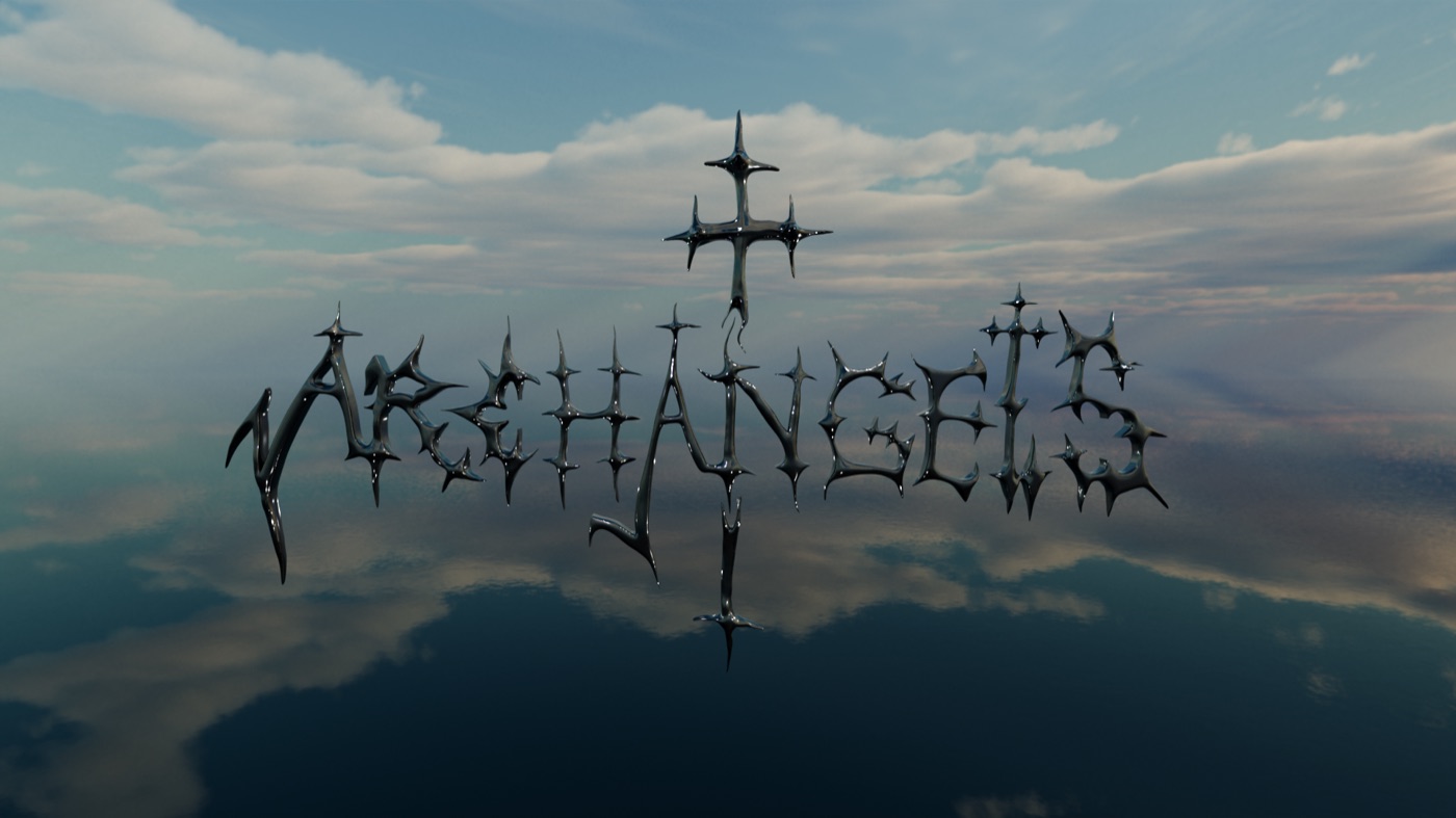 the archangels wordmark in chrome lettering with a cross over a landscape