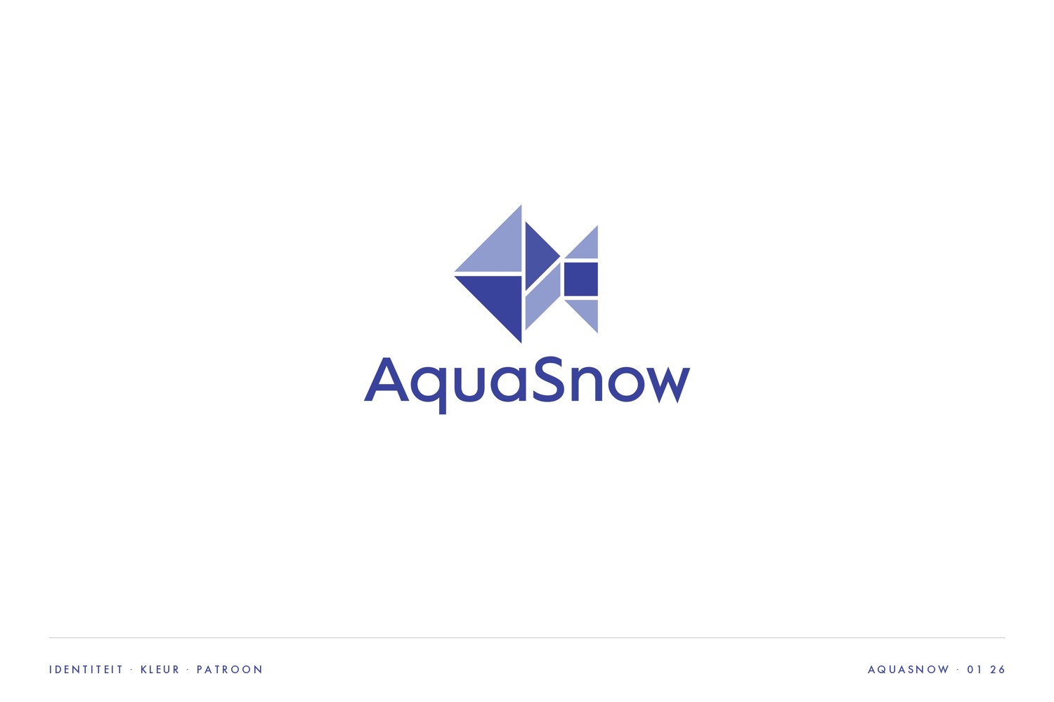 de aquasnow coverplaat: het geometrische vismerk en woordmerk, blauw op wit
