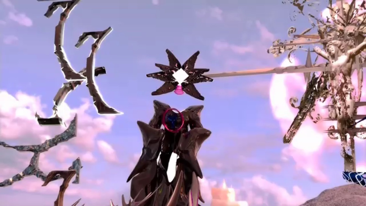 divine machinery: figures gathered on a pale rocky rise under a ringed sky, a many-armed form at the centre