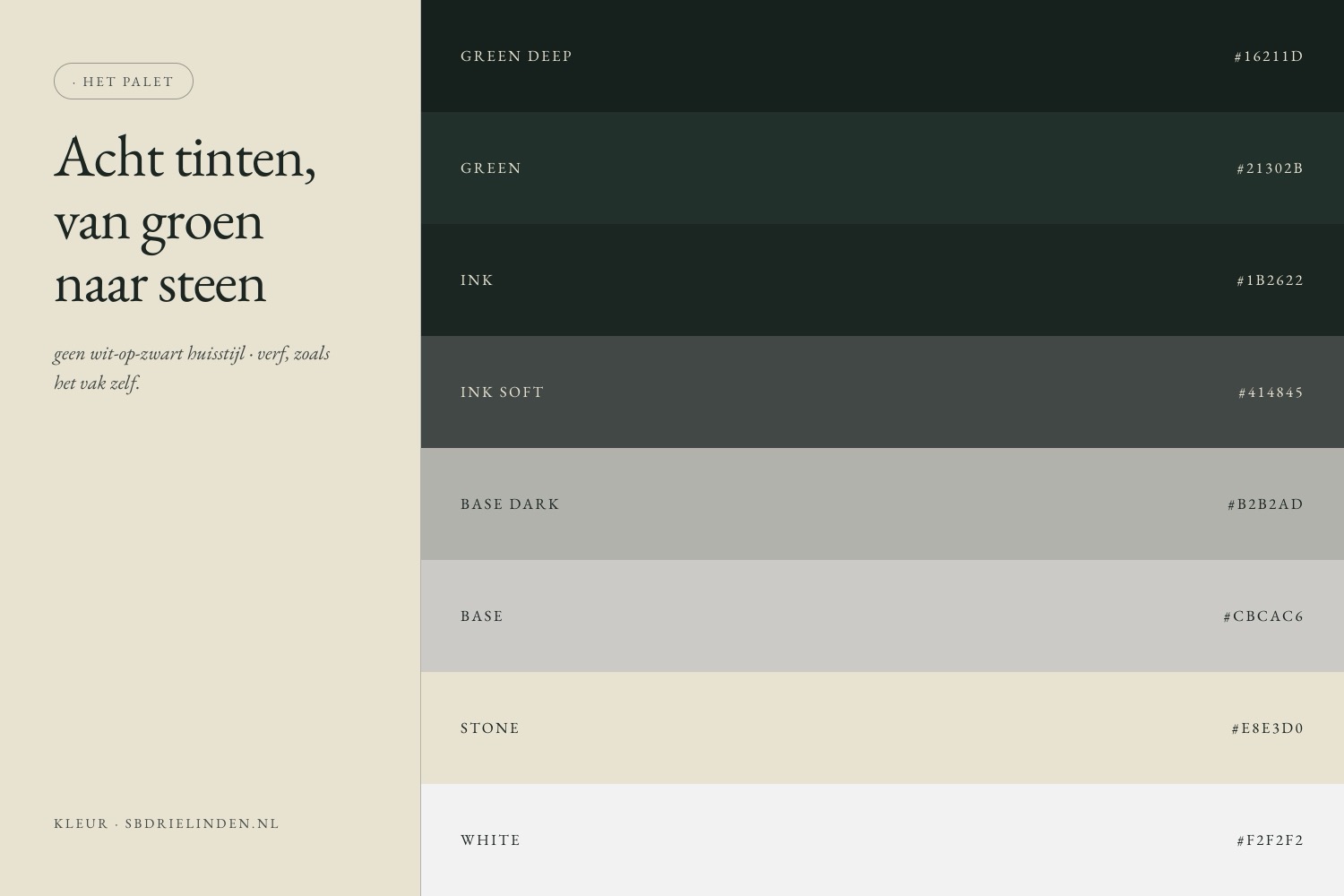 het palet: acht tinten van groen naar steen, uit de verf zelf