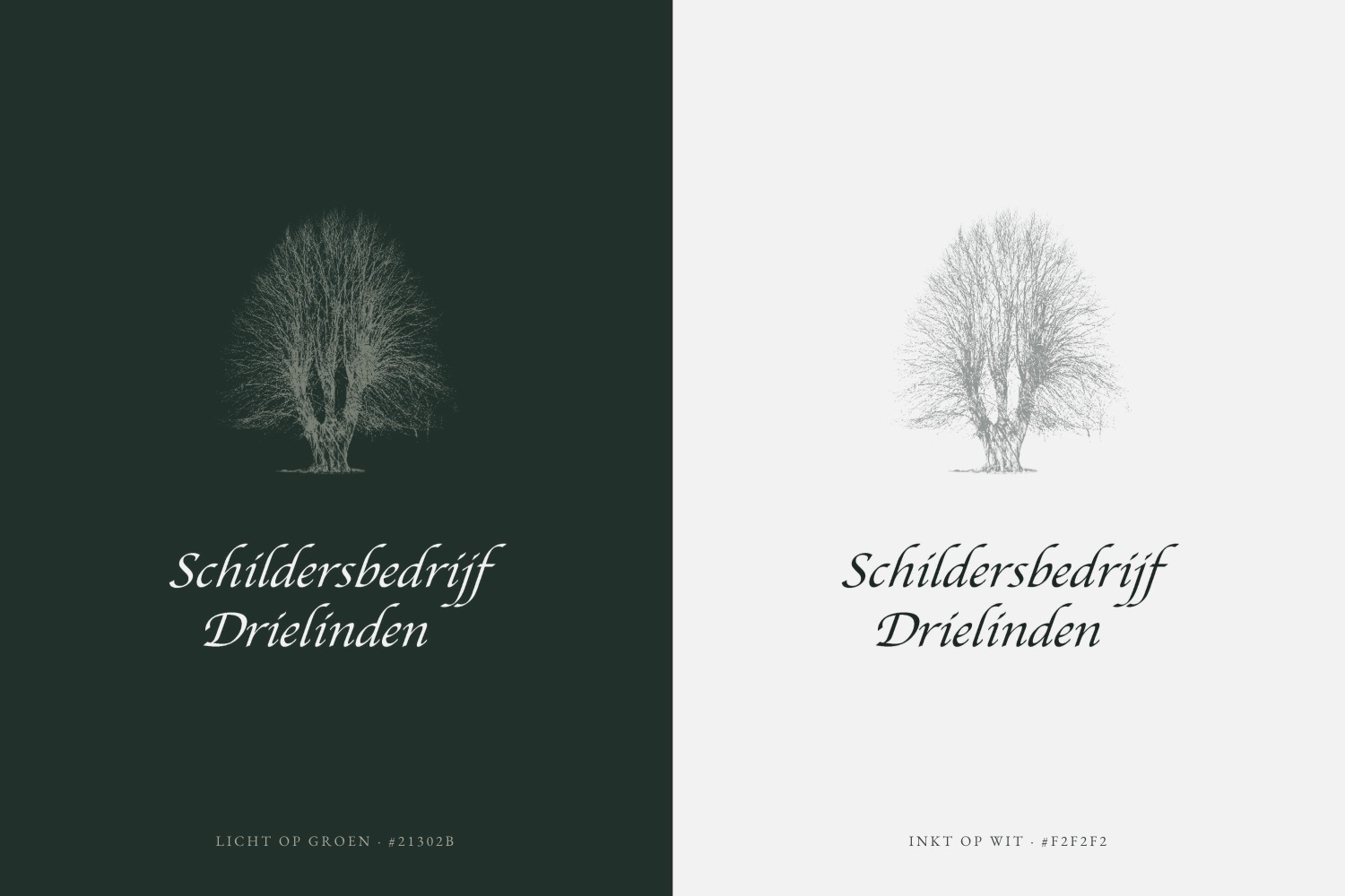 het woordmerk van schildersbedrijf drielinden, een kalligrafisch merk, licht op diepgroen en inkt op wit