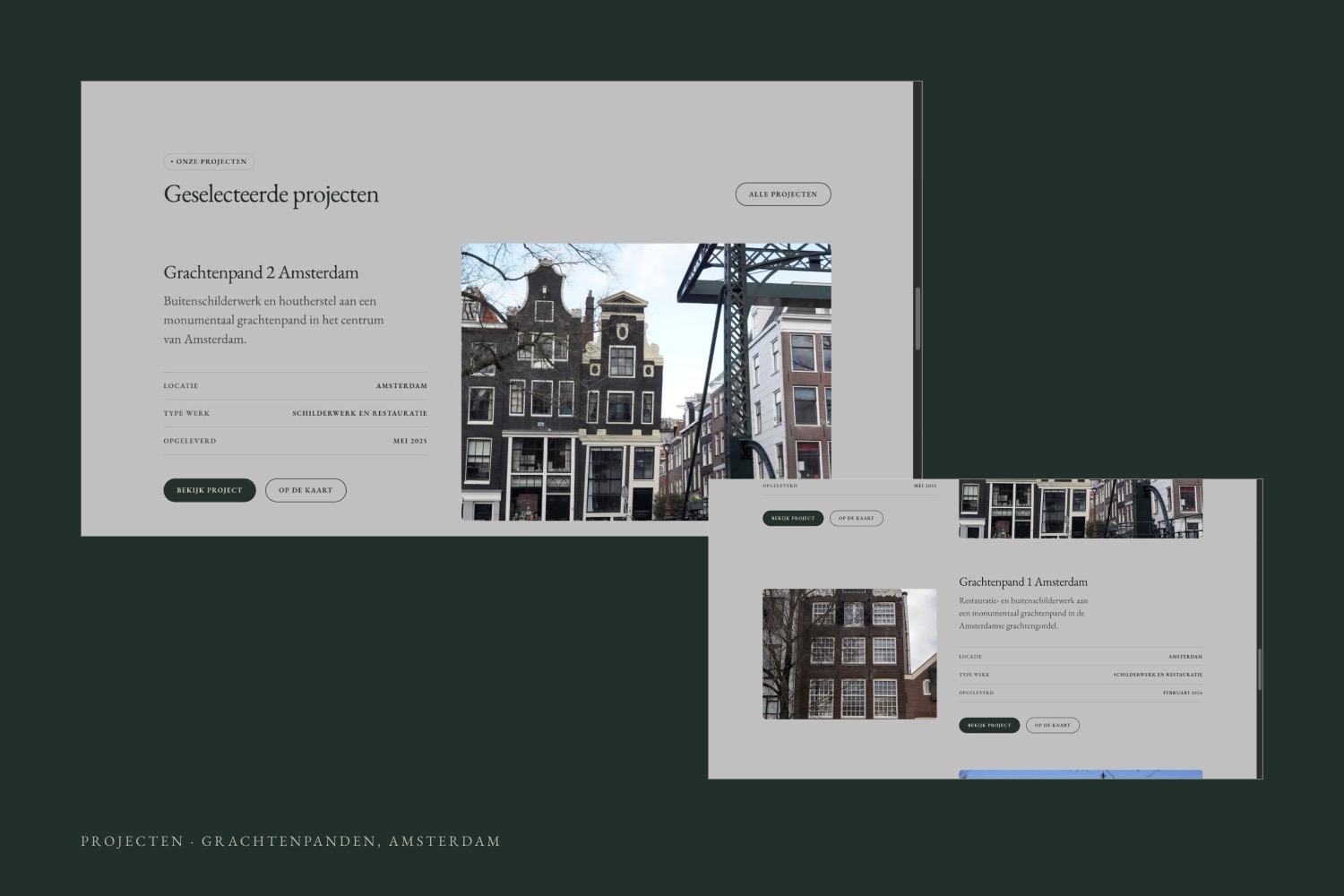 geselecteerde projecten: twee monumentale grachtenpanden in amsterdam, restauratie en buitenschilderwerk