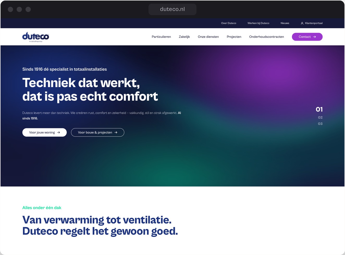 de duteco-homepage: het nieuwe merkteken, één heldere regel copy en de diensten op volgorde