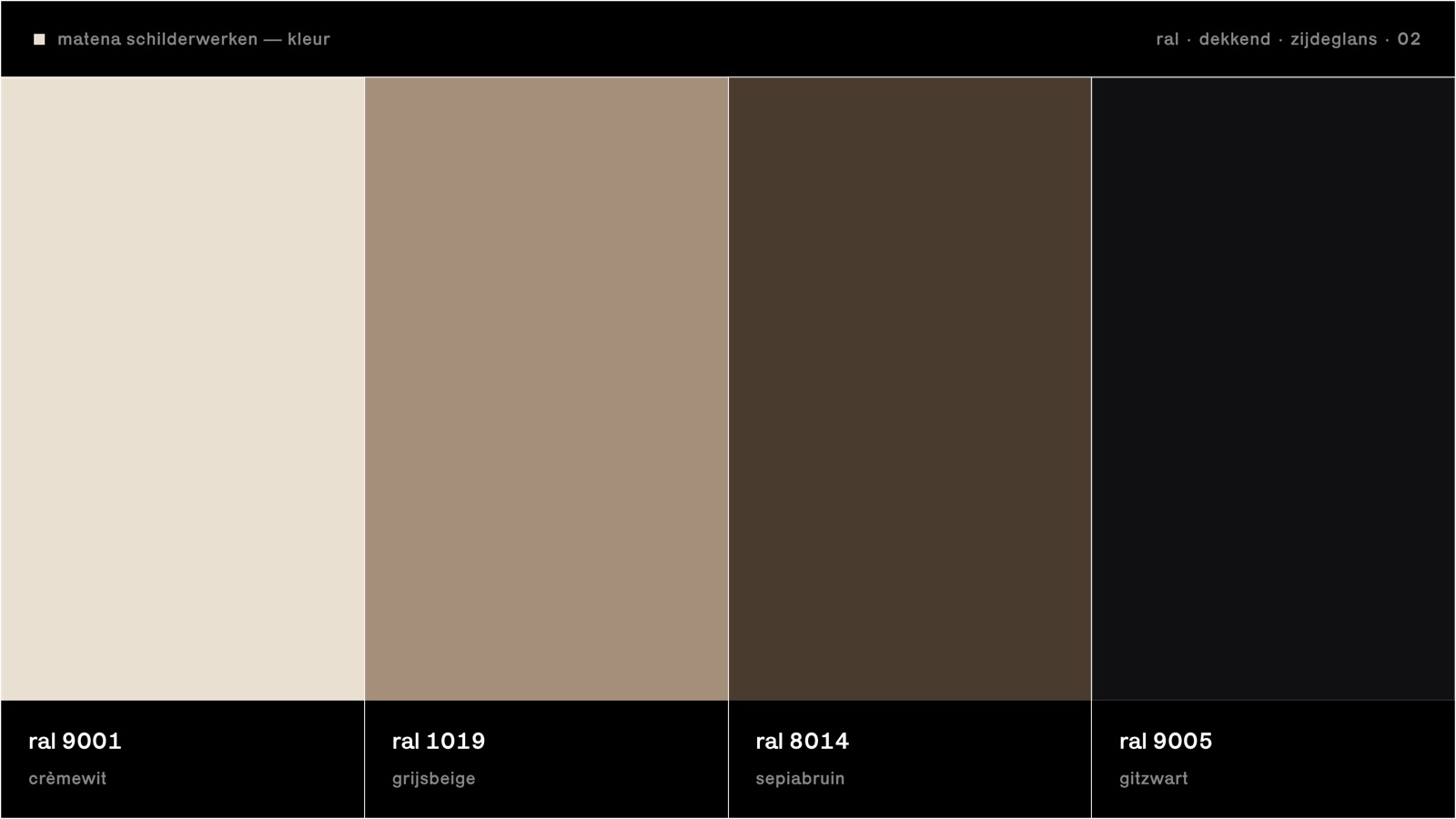 het palet: ral 9001 cremewit, ral 1019 grijsbeige, ral 8014 sepiabruin, ral 9005 gitzwart