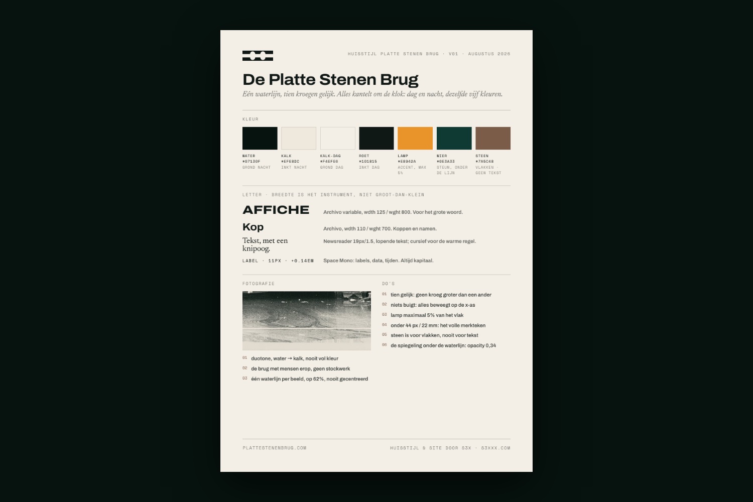 het one-page huisstijlblad: zeven kleuren van water tot steen, het archivo-breedtesysteem, fotografieregels en zes do's