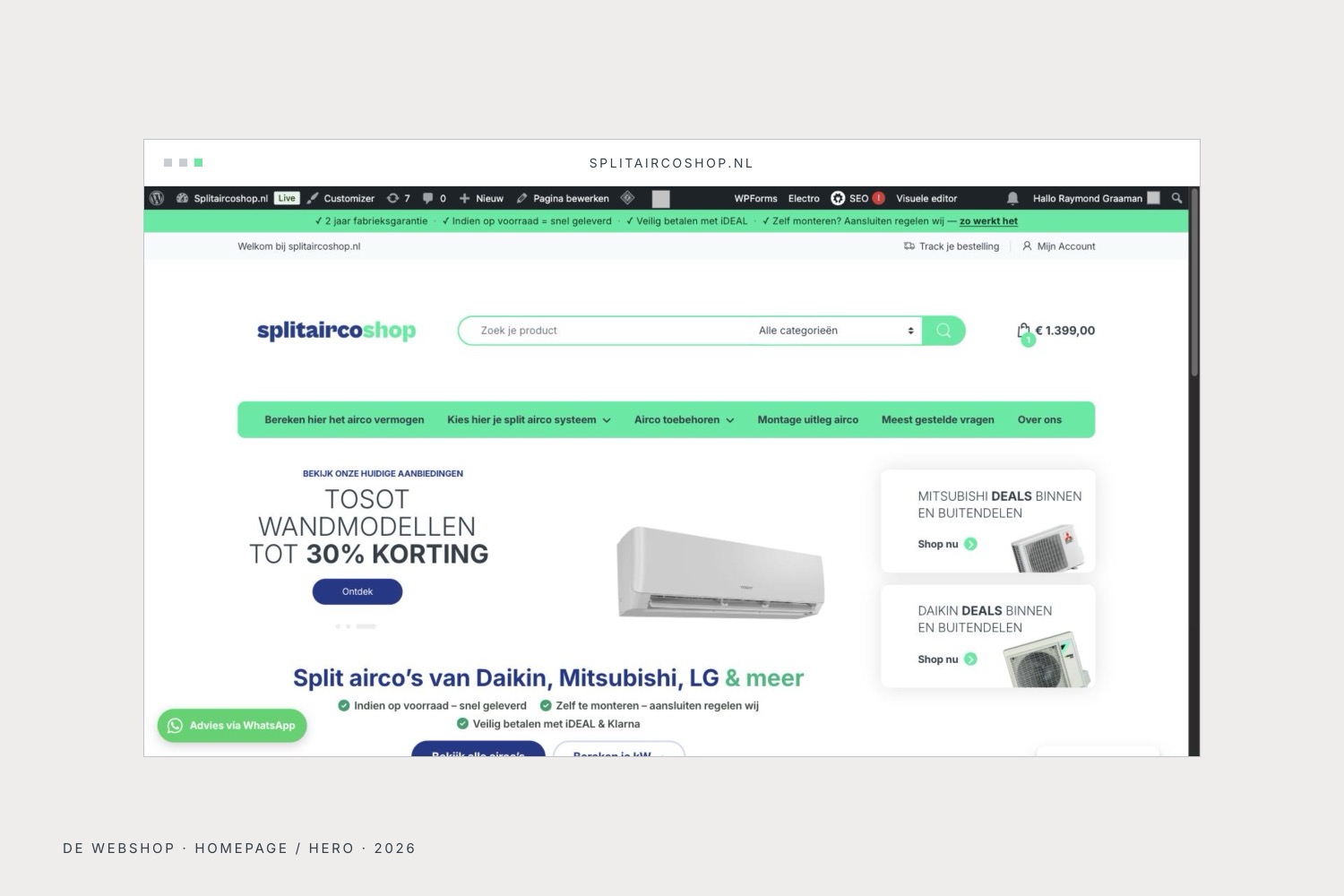 de homepage van splitaircoshop.nl: split airco's van daikin, mitsubishi, lg en meer, op voorraad en snel geleverd
