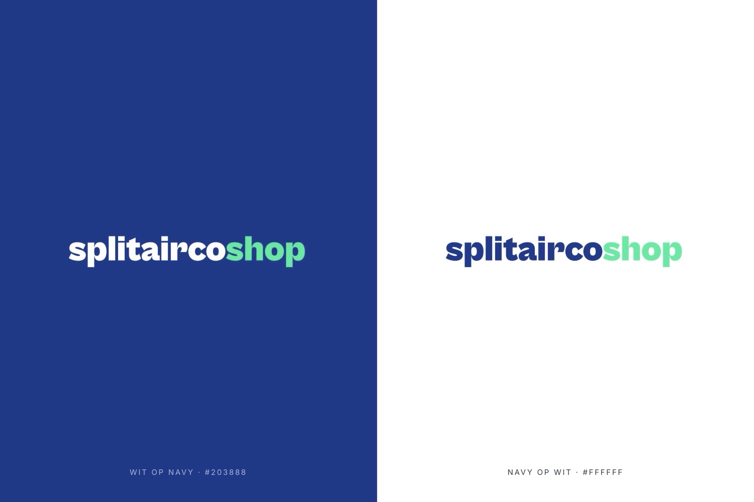 het splitaircoshop-woordmerk, navy en mint op wit, wit en mint op navy
